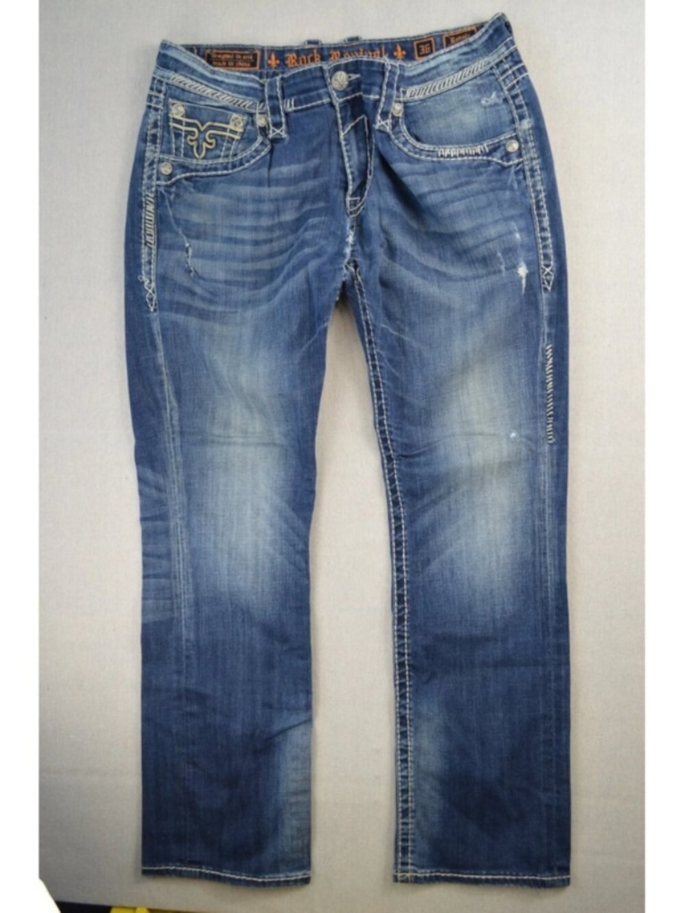 Rock Revival Mens Blue Denim Ronnie Jeans Thick Stitching Flap Pockets Size 36